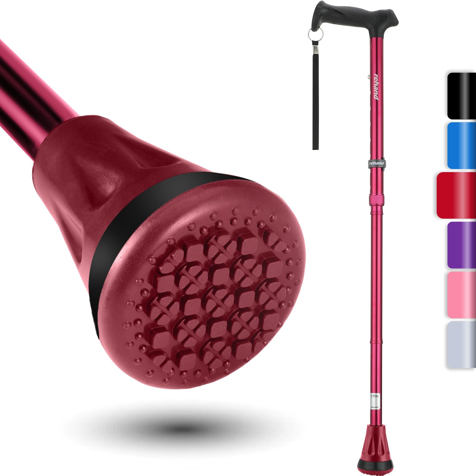 REHAND Walking Cane - Foldable, Adjustable, Collapsible Walking Canes for Men & Women, Heavy Duty All Terrain Tip, with Travel Bag | Walking Sticks for Seniors & Adults [Passion Red]