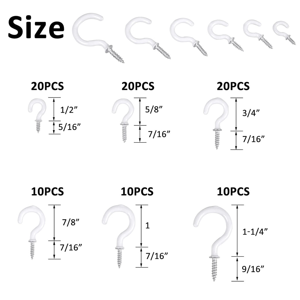 Romeda 90 Pcs White Ceiling Hooks kit, 6 Sizes Vinyl Coated Screw-in Plant, Kitchen, Cup, Ceiling Hooks for Hanging (1/2in, 5/8in,3/4in,7/8in,1'',1-1/4in)