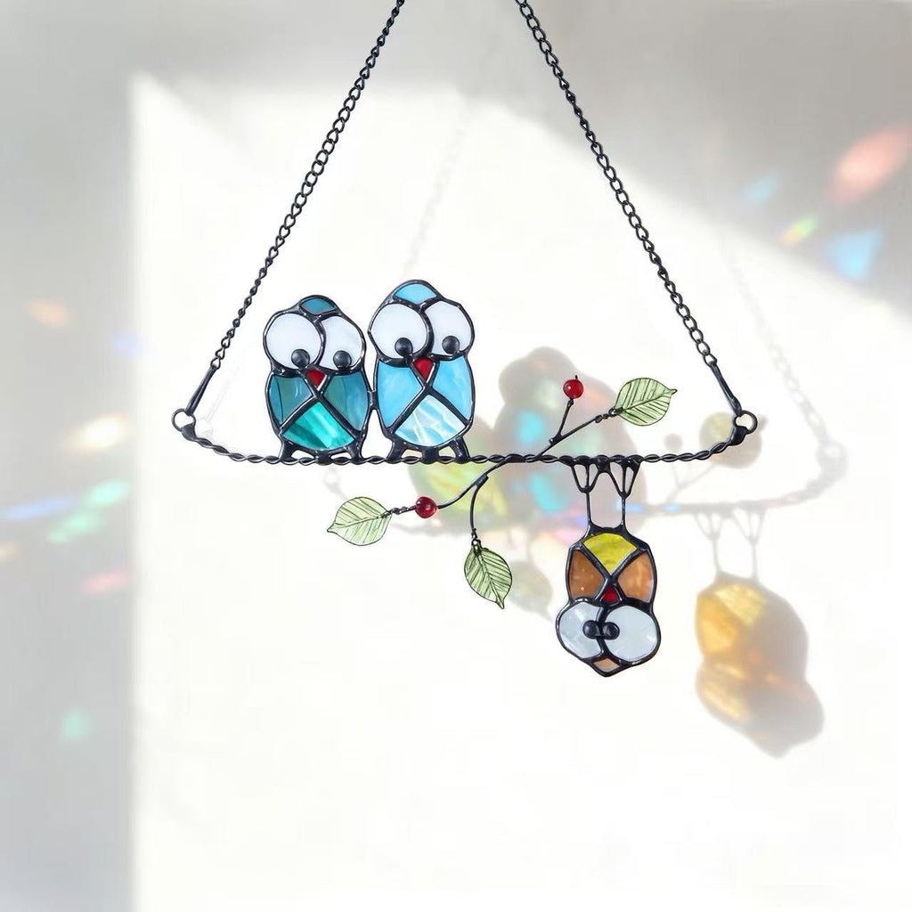 Rswardeleco Stained Glass Birds Window Hanging, Owl Suncatcher Decor