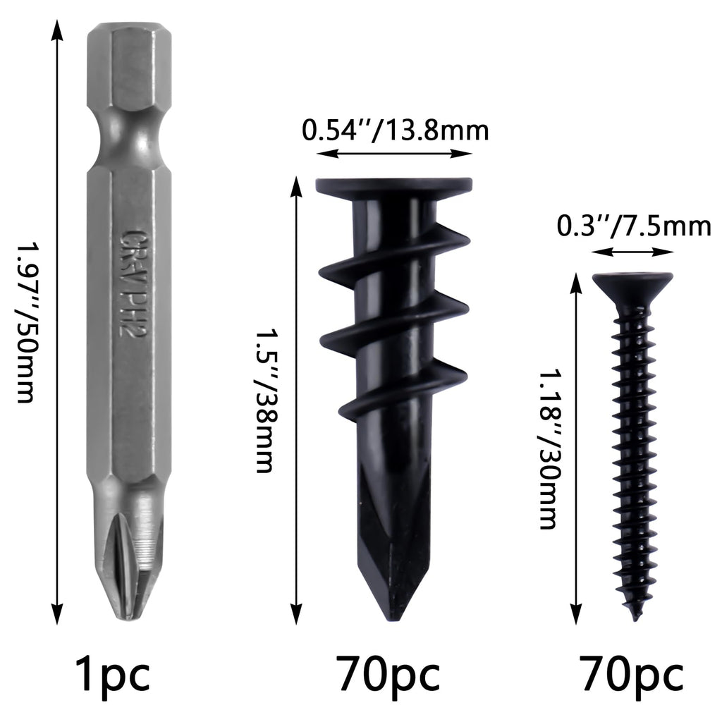 KURUI 140PCs #8 Self Drilling Drywall Anchors, Heavy Duty Dry Wall Anchors and Flat Head Screws Kit, 75LB Hanging for Picture Frames, Wall Decor Art and Curtain Rods, Sheetrock Hangers - Black