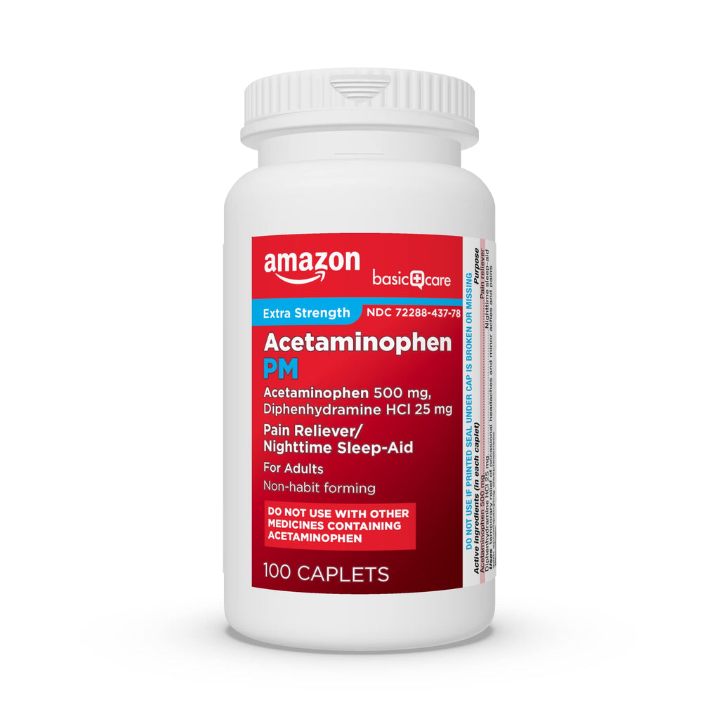 Amazon Basic Care Acetaminophen PM, Pain Reliever Plus Nighttime Sleep Aid, Blue, 100 Count (Pack of 3)