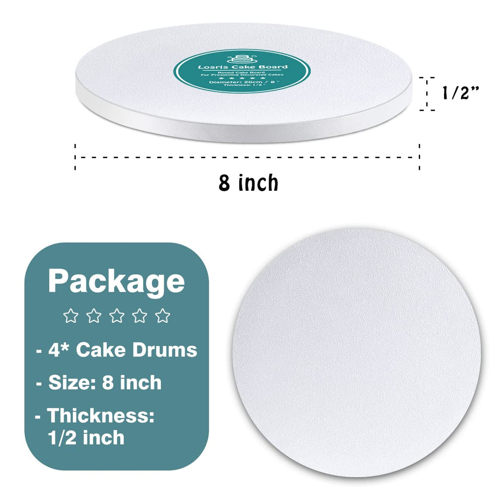 White Cake Drums Round 8 Inch Cake Boards with 1/2-Inch Thick Smooth Edges for Multi Tiered Birthday Wedding Party Cakes Drum Board