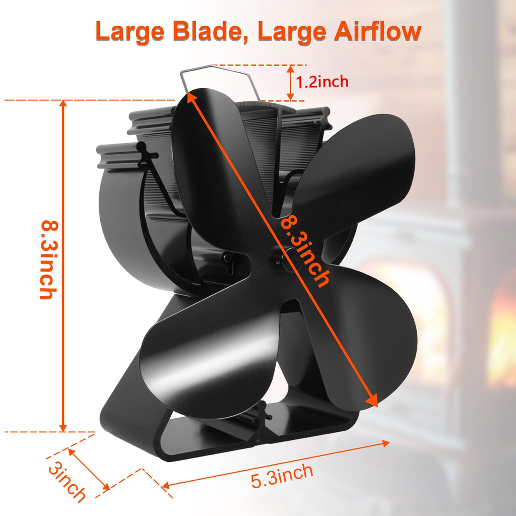 VODA 4-Blade Heat Powered Stove Fan for Wood/Log Burner/Fireplace increases 80% more warm air than 2 blade fan