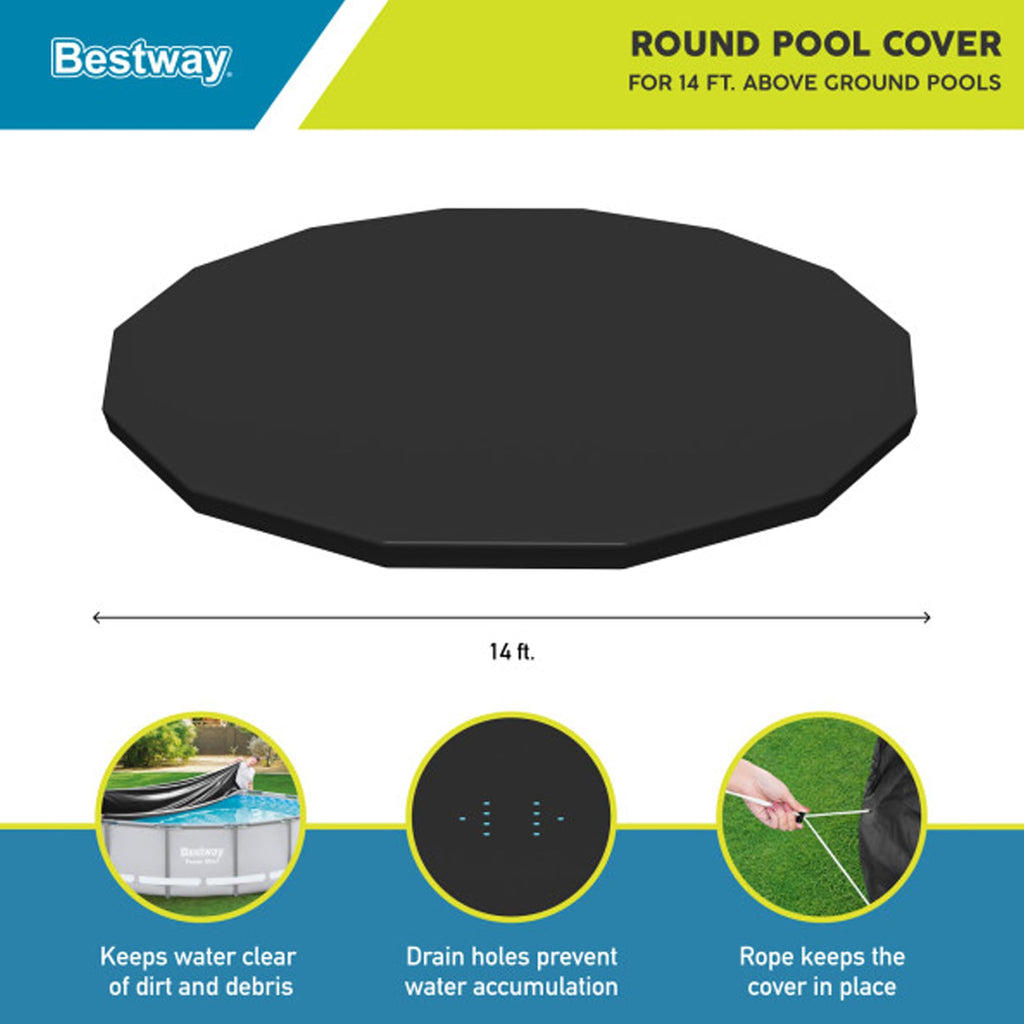 Bestway Flowclear PVC Round 14 Foot Pool Cover for Above Ground Frame Pools with Drain Holes and Secure Tie-Down Ropes, Black (Cover Only)