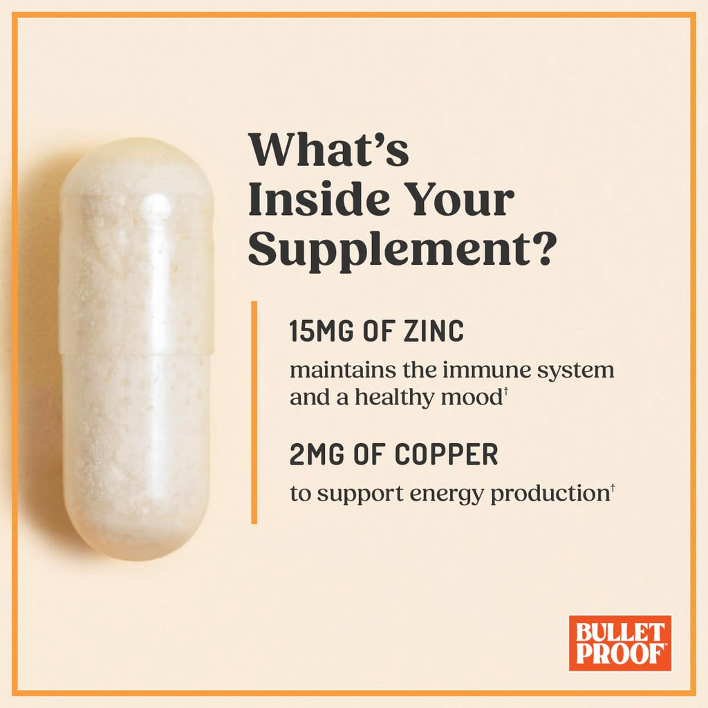 Bulletproof Zinc with Copper Capsules, 60 Count, Minerals and Antioxidant Supplement for Immunity and Mood