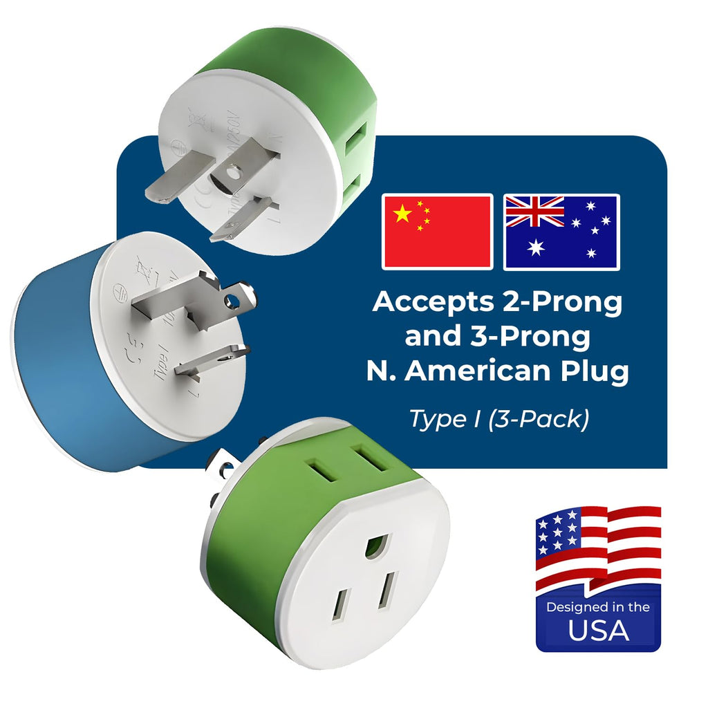 OREI Australia, New Zealand, China Power Plug Adapter with 2 USA Inputs - Travel 3 Pack - Type I (US-16) Safe Grounded Use with Cell Phones, Laptop, Camera Chargers, CPAP, and More
