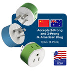 OREI Australia, New Zealand, China Power Plug Adapter with 2 USA Inputs - Travel 3 Pack - Type I (US-16) Safe Grounded Use with Cell Phones, Laptop, Camera Chargers, CPAP, and More