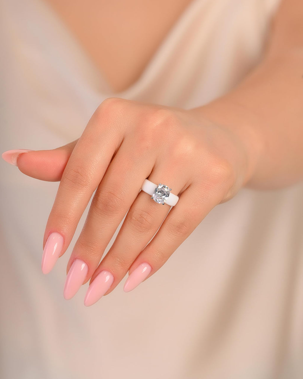 Rinfit Silicone Ring with Stone, Oval Cut CZ - Wht/Sil, Size 6