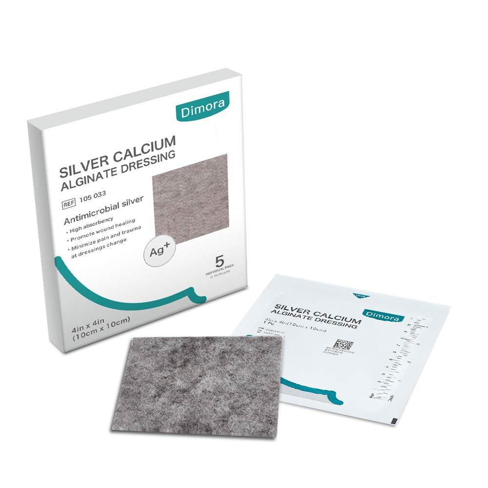 Dimora Ag Silver Calcium Alginate Wound Dressing Pads, 4'' x 4'' Patches, 5 Individual Pack, Highly Absorbent Dressing, Non-Stick Sterile Gauze