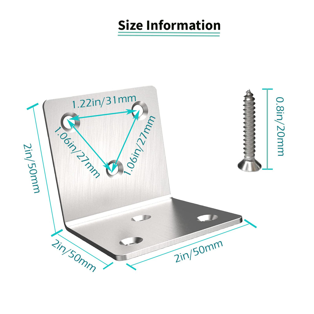 Stainless Steel Corner Bracket,Joint Right Angle Bracket,L Shape Heavy Duty Metal Corner Brace Shelf Supporter for Wood Aufuga (20, 2x2x2)