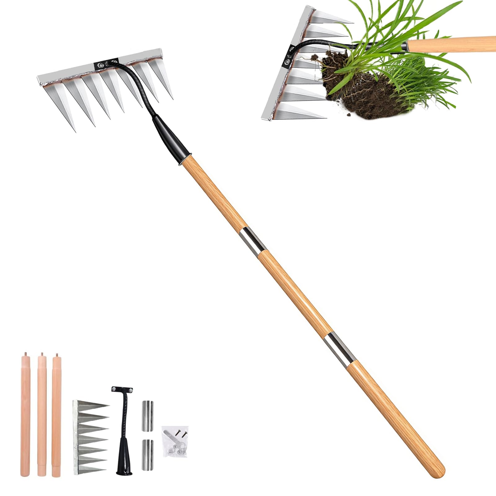 Garden Weeding Rake, Heavy Duty Iron Weeding Rake Gardening Tool with 55 Inch Long Handle, All-Steel Hardened Weed Puller Tool, Manual Garden Weed Rake Tool for Yard, Lawn Loosening Planting Weeding