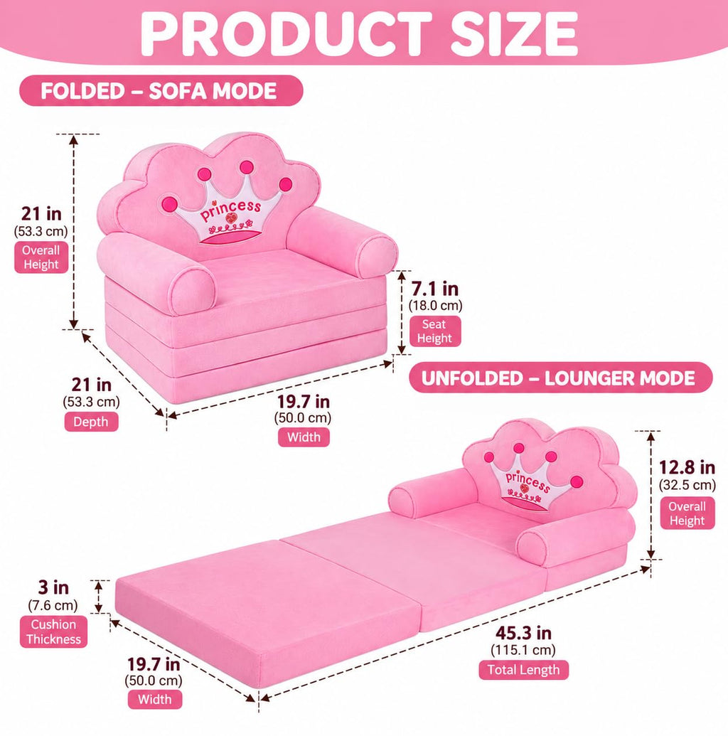 MOONBEEKI Kids Couch Fold Out, Foldable Princess Chair for Toddlers, Pink