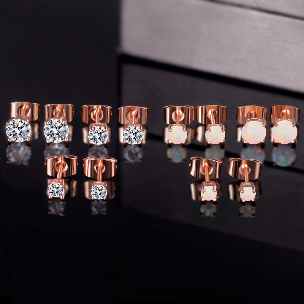 Dwearbeauty Rose gold Earrings, 6 Pairs Earrings Set Cubic Zirconia stud Earring with 18K Rose Gold Plated Hypoallergenic Opal Earring Small for Women