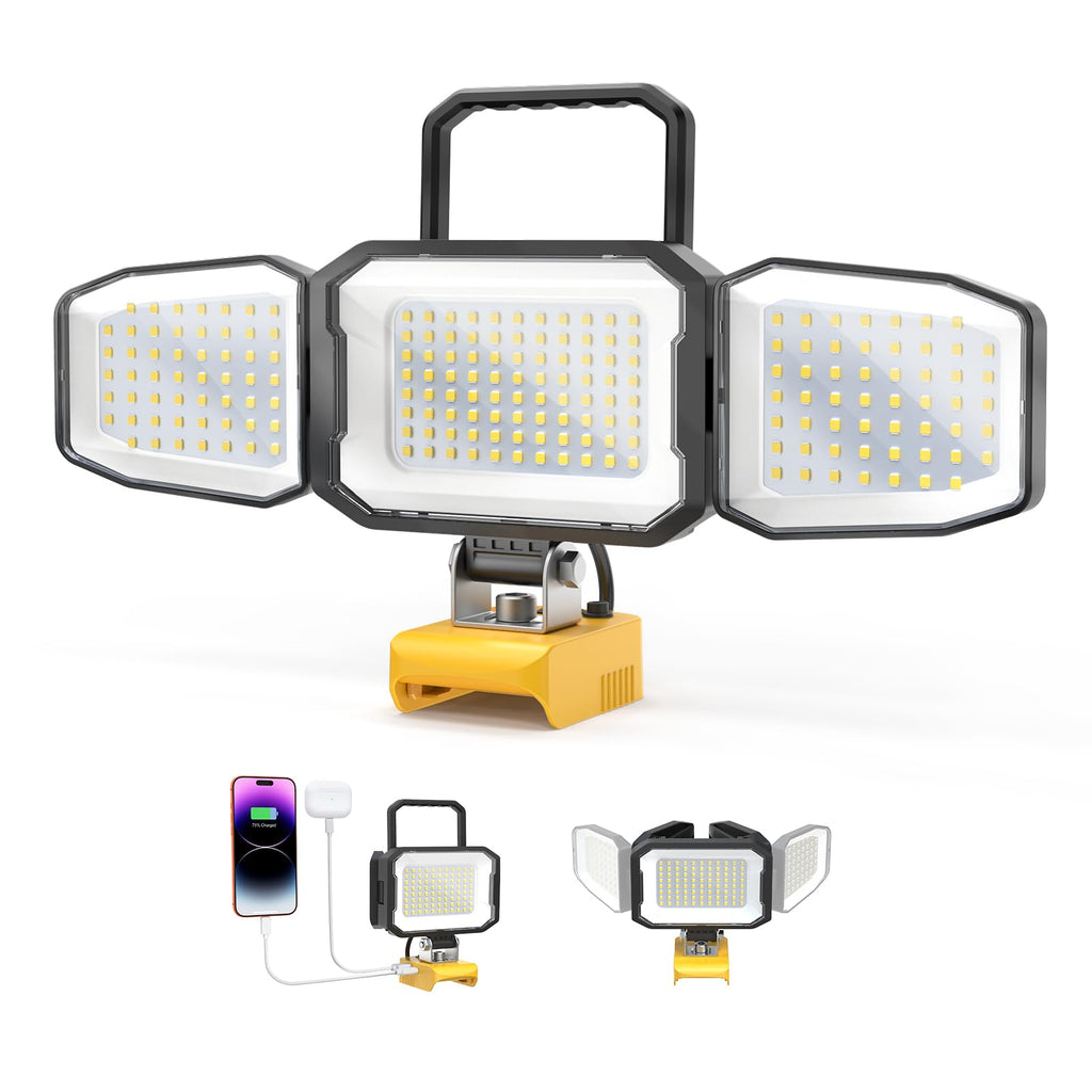 LED Work Light Compatible with DeWalt 20V Battery, 150W 15000LM Flood Light, 6500K Daylight 3-Head Adjustable, USB Type-C&2 Brightness Modes Portable Flashlight Job Site Light (Battery Not Included)
