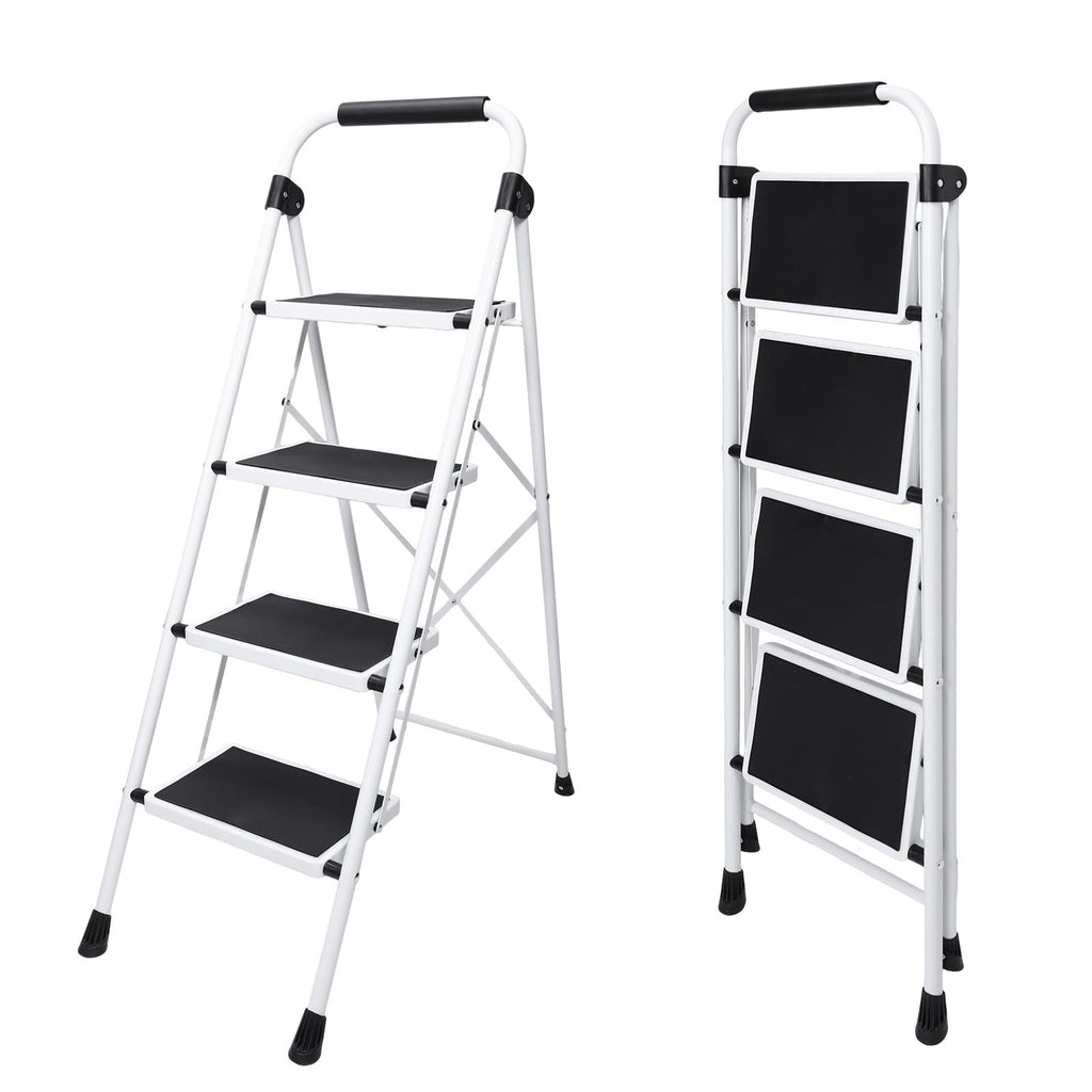 OLIXIS Step Ladder, 4 Sturdy Step Stool with Anti-Slip Pedal & Handrail