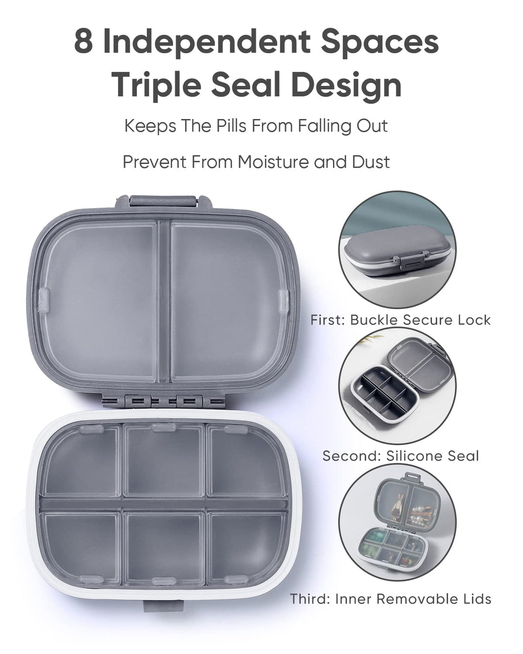 Holii Travel Pill Organizer, 8 Compartments Portable Pill Case, Daily Pill Box to Hold Vitamins, Small Pill Container for Pocket Purse Medicine Organizer（Gray）