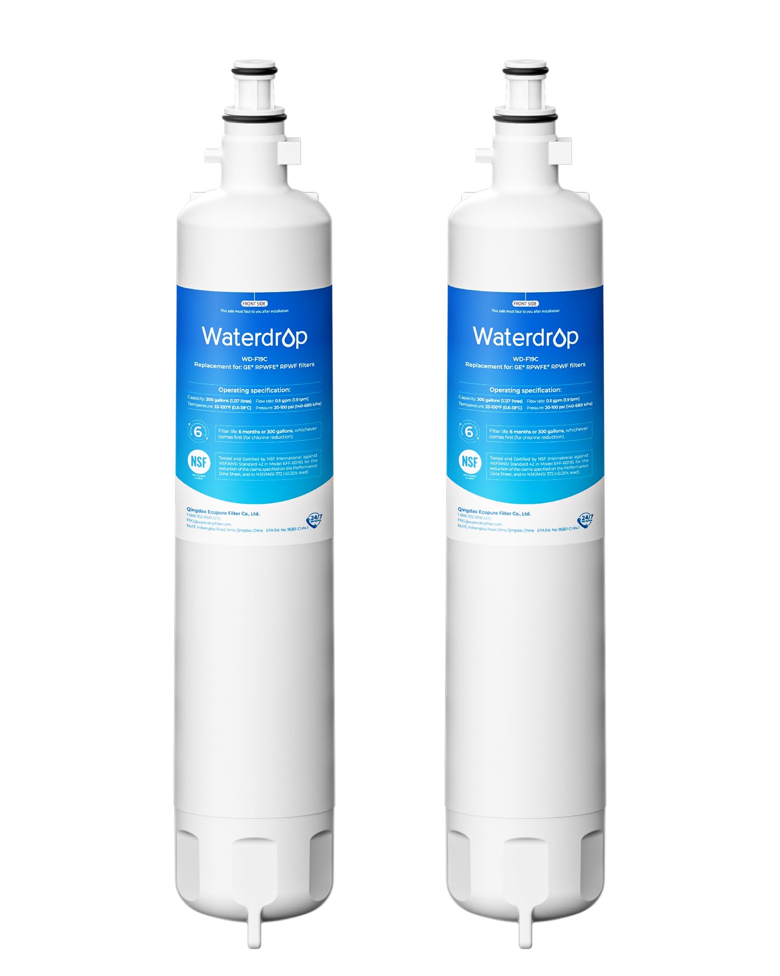 Waterdrop WD-F19C Replacement for GE® RPWFE®, RPWF (Built-in CHIP) Refrigerator Water Filter, Compatible with GFE28GYNFS, GFE28GELDS, PFE28KELDS, PFE28KYNFS, GFD28GELDS, PWE23KELDS, 2 Filters