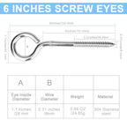 Aovchei Eye Screws, 4 Pcs 6 inches 304 Heavy Duty Stainless Steel Screw Hooks, Rust-Resistant Self Tapping Eyelet Bolts for Wood, Securing Cables Wires, Indoor & Outdoor for Hanging Artwork