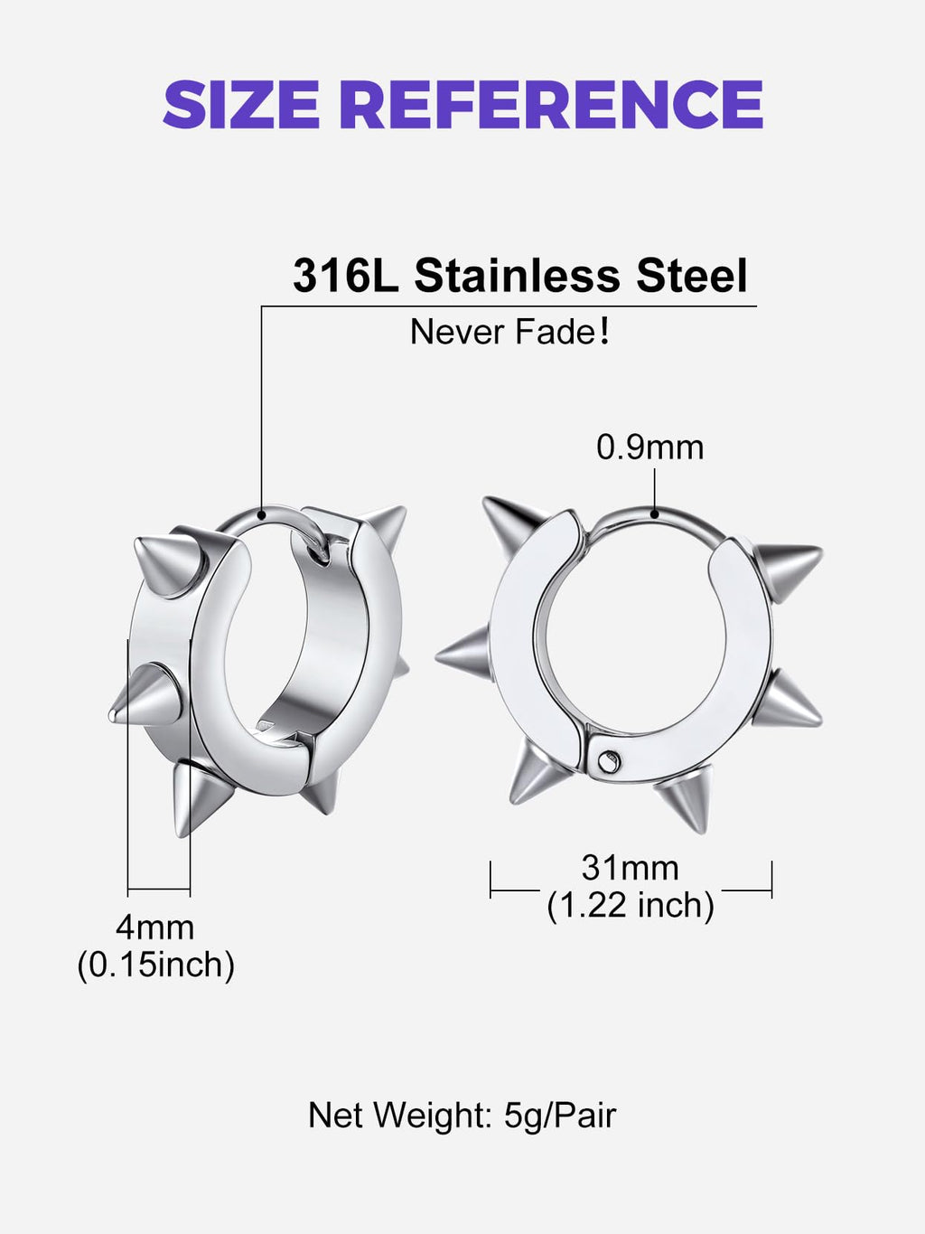 Richsteel Silver Hoop Earrings for Men, Stainless Steel Punk Spike Earrings
