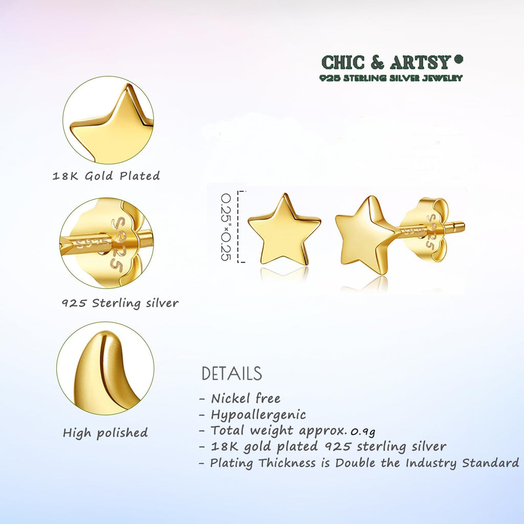 CHIC & ARTSY Star Earrings 925 Sterling Silver Stud Earrings Small 18K Gold Plated Silver Star Stud Earrings for Women 6mm