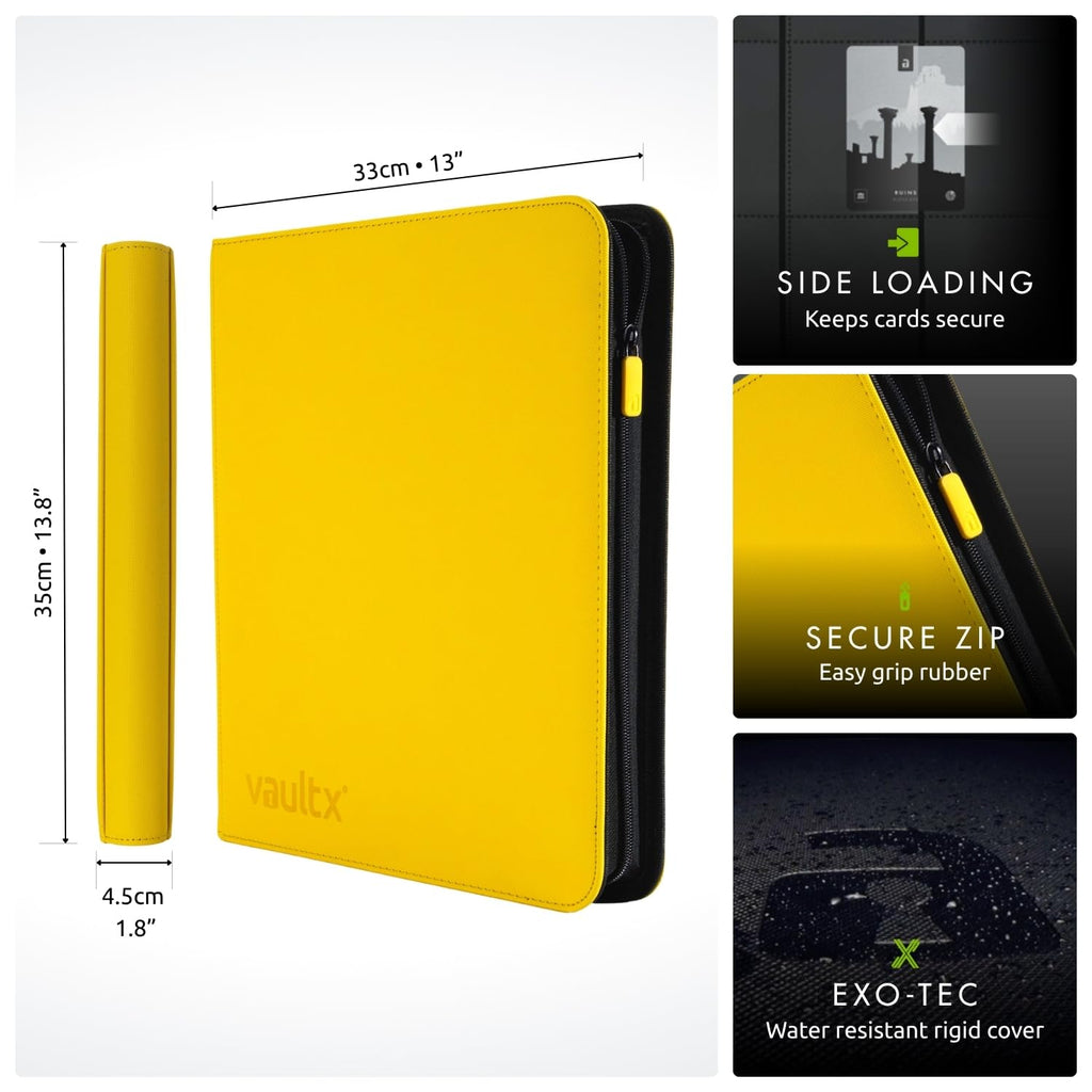 Vault X 12 XL Pocket Trading Card Zip Binder - 624 cards, Premium Exo-Tec Album Material, 26 Side-Loading Pages, Folder for Collectible Card Games, Sports, TCG (Yellow)
