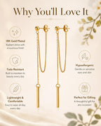 Dainty 18K Gold Plated Chain Earrings for Women - Long Threader Earring with Hypoallergenic Bar Drop Dangle Design, Elegant Line Dangly Jewelry Gift
