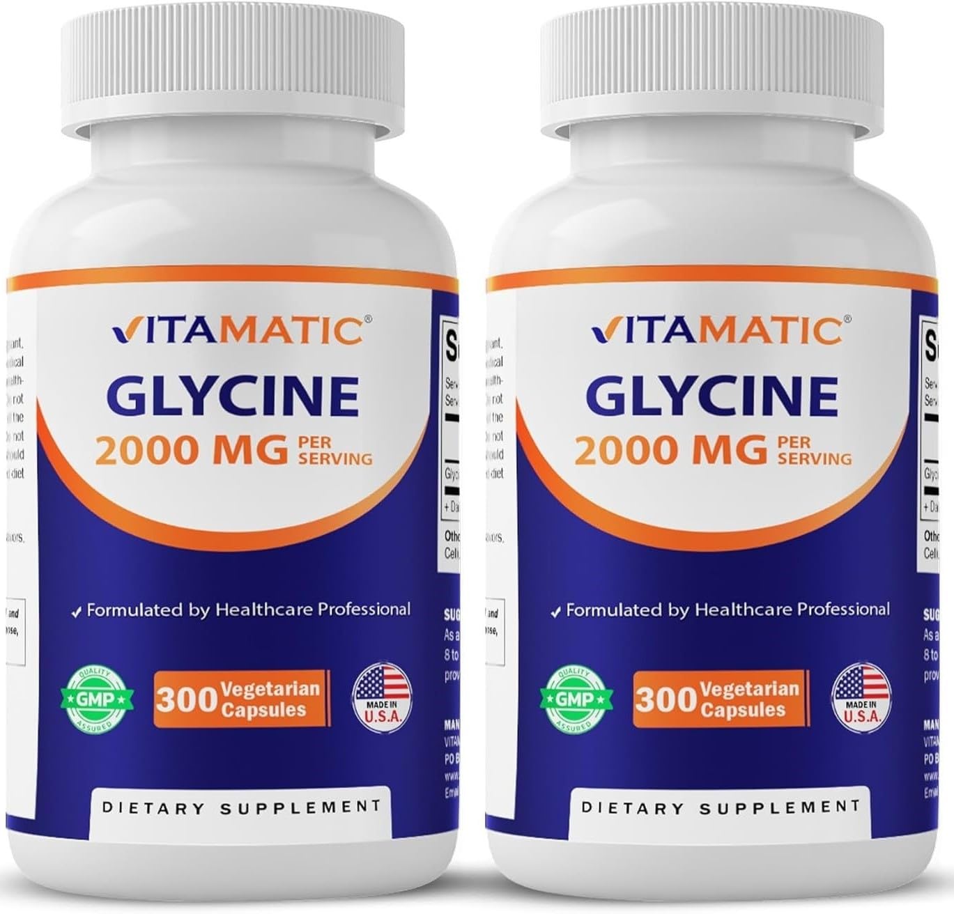 Vitamatic Glycine Supplement, 2000mg Per Serving, 300 Count, Non-GMO, Gluten Free- 2 Pack