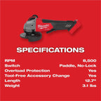 Milwaukee 2880-20 M18 Fuel Brushless Lithium-Ion 4-1/2 in. / 5 in. Cordless Small Angle Grinder with No-Lock Paddle Switch (Tool Only)