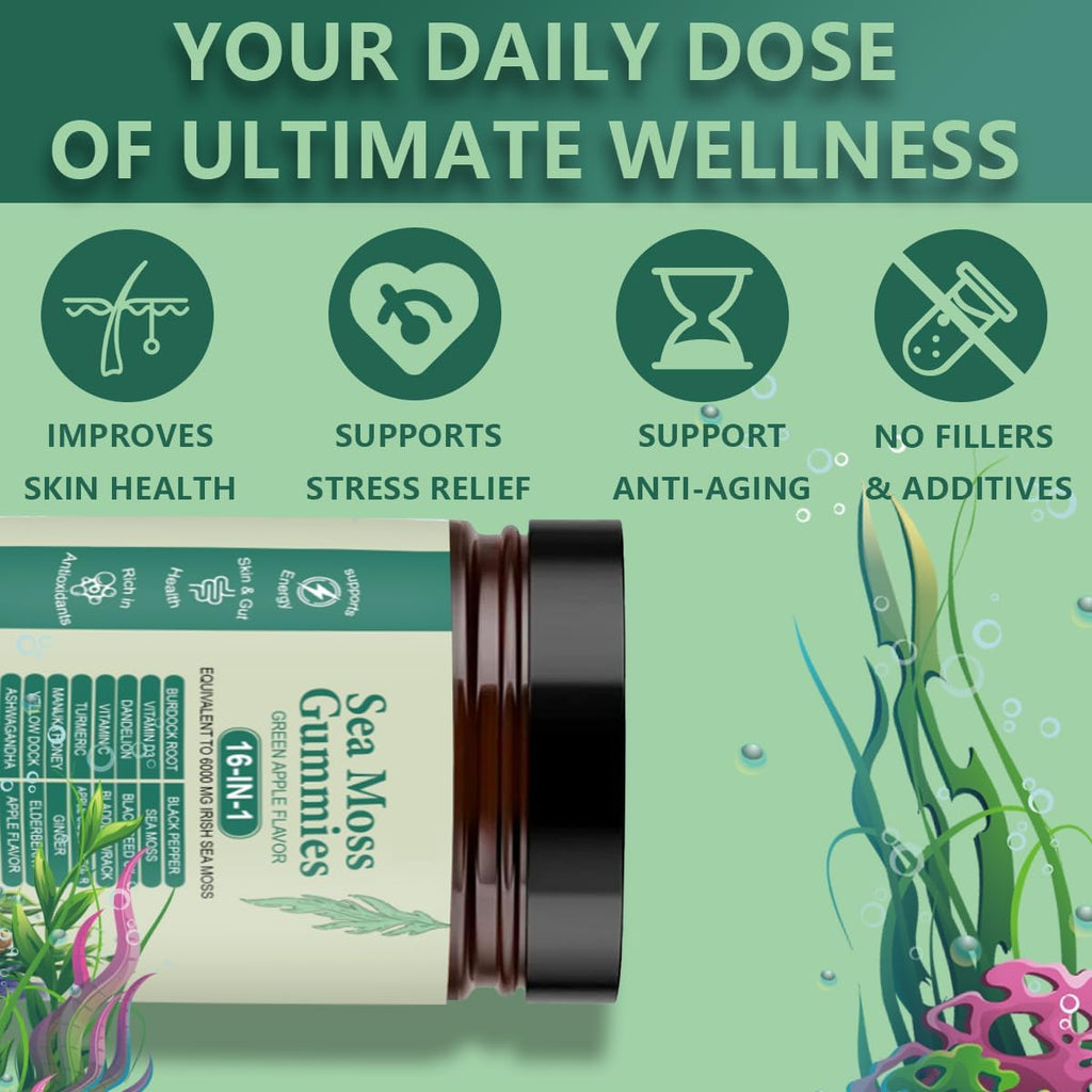 FW ZONE Sea Moss Gummies 16-in-1 with Black Seed Oil, Ashwagandha, 30 Servings, Irish Seamoss Gummies Boosts Immune Support, Wellness and Digestion