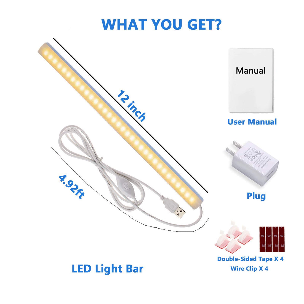 JUSJUBR 12-Inch Slim LED Under Cabinet Light with Memory Function, Warm White 3000K Dimmable USB Light Bar for Rooms