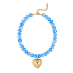 WOWORAMA Chunky Heart Necklace for Women Light Blue Resin Beaded Necklaces with Puffy Heart Pendant Chunky Statement Necklace Boho Trendy Summer Jewelry