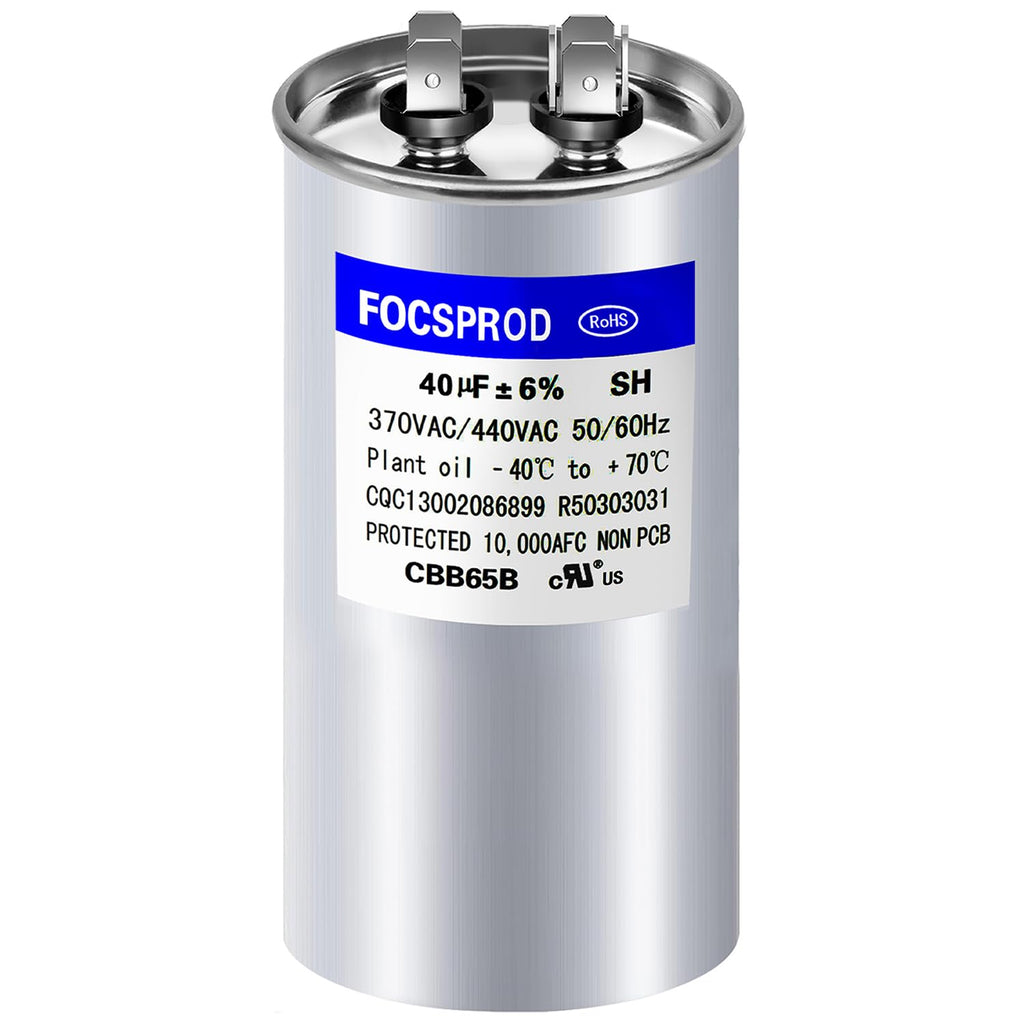 [UL Recognized] FOCSPROD 40 uF 40 MFD ±6% 370V/440V CBB65B AC Capacitor, Single Run Round Capacitor Replacement, 40 uF 440 Volt HVAC for AC Unit Fan Motor or Condenser Straight