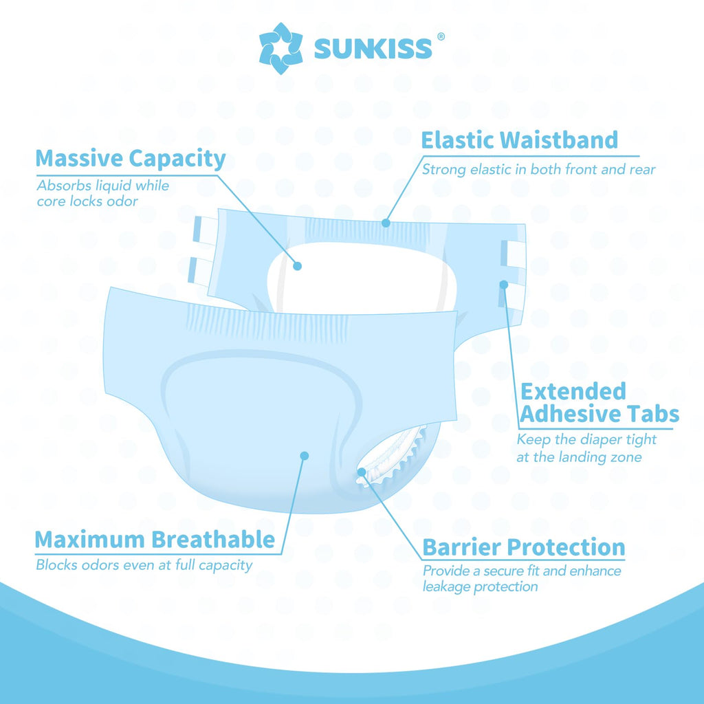 SUNKISS Masterpiece Adult Diapers with Tabs, Unisex Disposable Incontinence Briefs for Women and Men, Odor Control, Blue, S/M, 10 Count