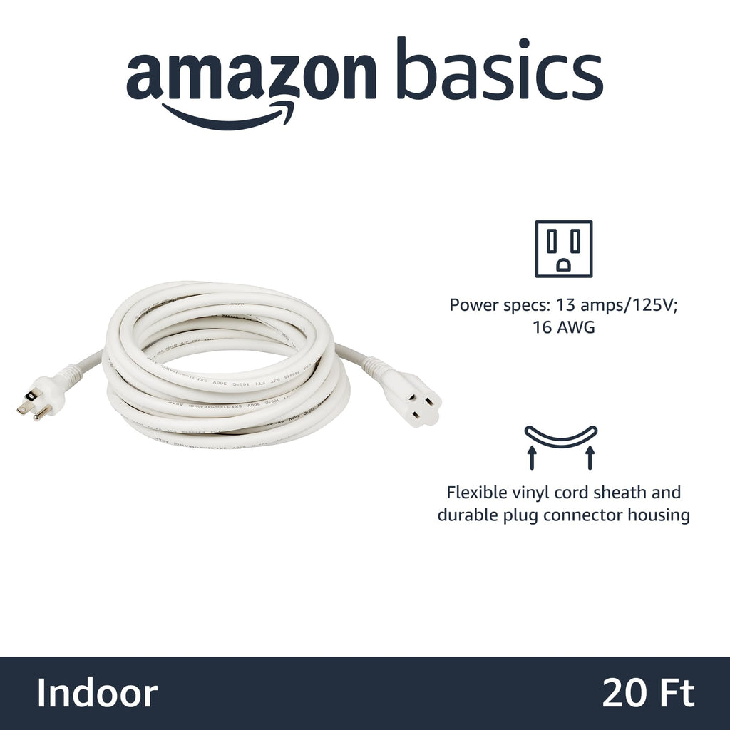 Amazon Basics Extension Cord, 13 Amps, 125V, 20 Foot, White, 2-Pack