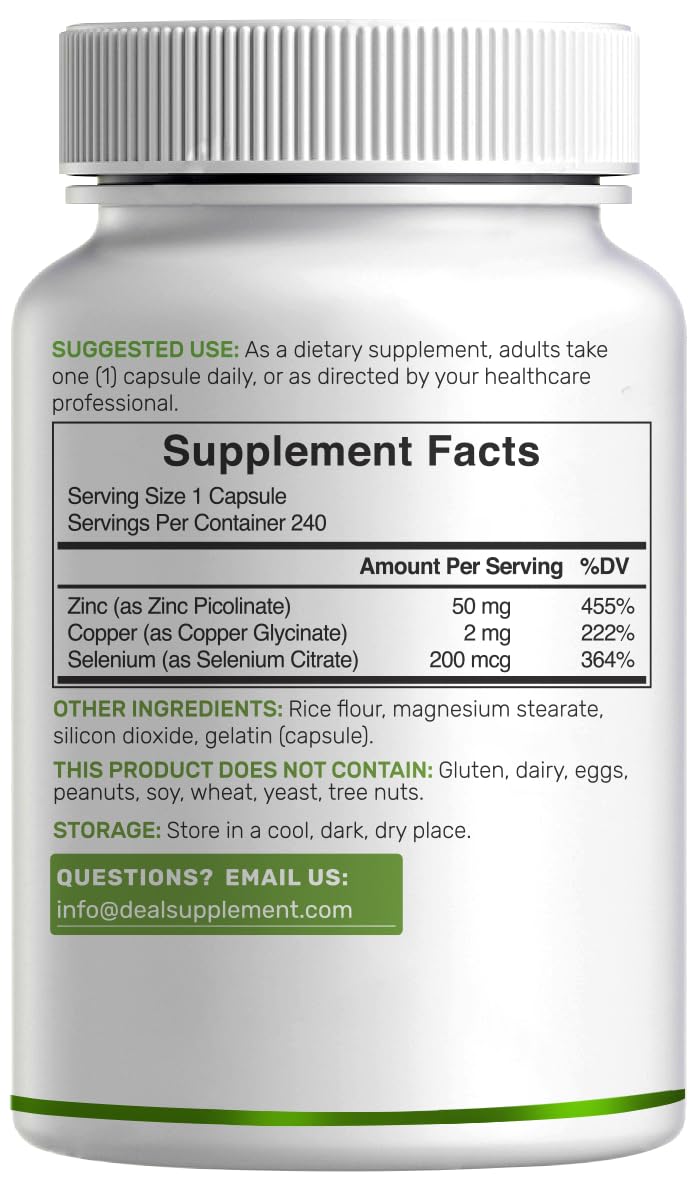 Deal Supplement Zinc 50mg with Selenium + Copper, 240 Capsules, 8 Month Supply, 3 in 1 Mineral Formula, Zinc Picolinate Complex Supplement, Supports Healthy Immune System for Adults and Kids