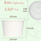 ESSENTIAL Paper Ice Cream Cups with Lids, 120pcs 8oz Disposable Dessert Bowls with Lids for Hot or Cold Food, Paper Snack Containers for Sundae, Frozen Yogurt, Soup (White)