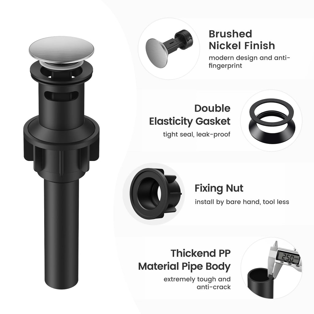 Bathroom Sink Drain with Overflow, Hurran Universal Bathroom Sink Stopper for Bathroom Vanity Vessel Sink, Plastic Pop-up Sink Drain with Hair Catcher Anti-Clog Strainer, 2 Pack, Brushed Nickel