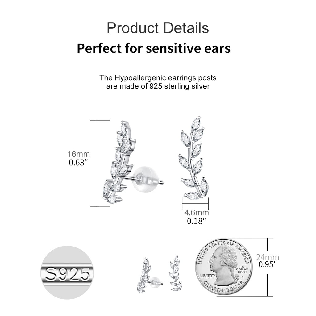 JSGEMSLEE Leaf Stud Earrings Ear Climber Earrings for Women Cubic Zirconia Ear Crawler Earrings Hypoallergenic Cartilage Jewelry