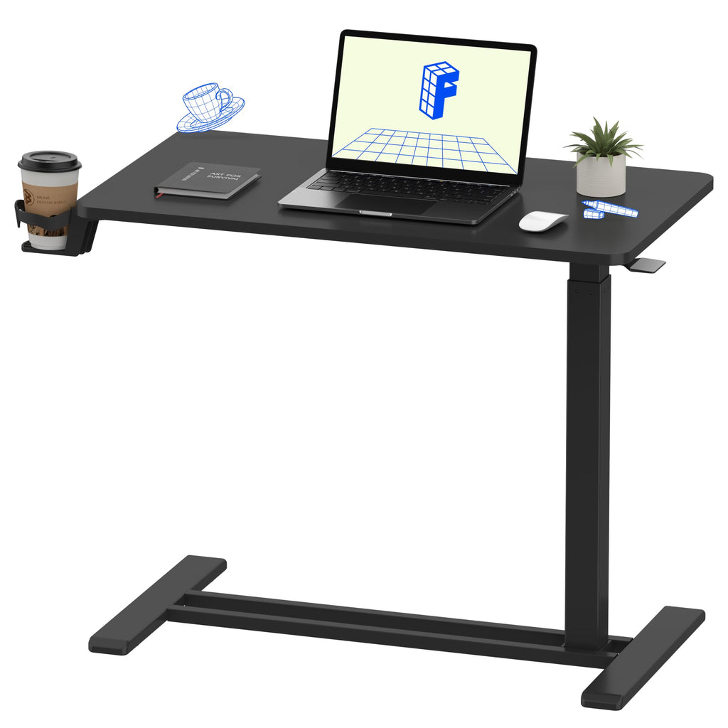 FLEXISPOT H7 Adjustable Overbed Bedside Table with Wheels Pneumatic Mobile Standing Desk Laptop Desk Rolling Computer Cart Movable Overbed Table Hospital Home Use(31.5" W x 17.7" D, Black Large)