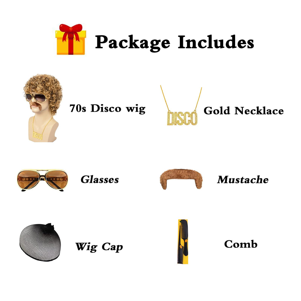TUOFLY Disco Wig 5Pcs Set (Wig+ Glasses+ Necklace+ Mustache+ Wig Cap) 70'S Costumes Wig Afro Wig Men Short Curly Natural Fluffy Synthetic hair Wig for Halloween Disco Party