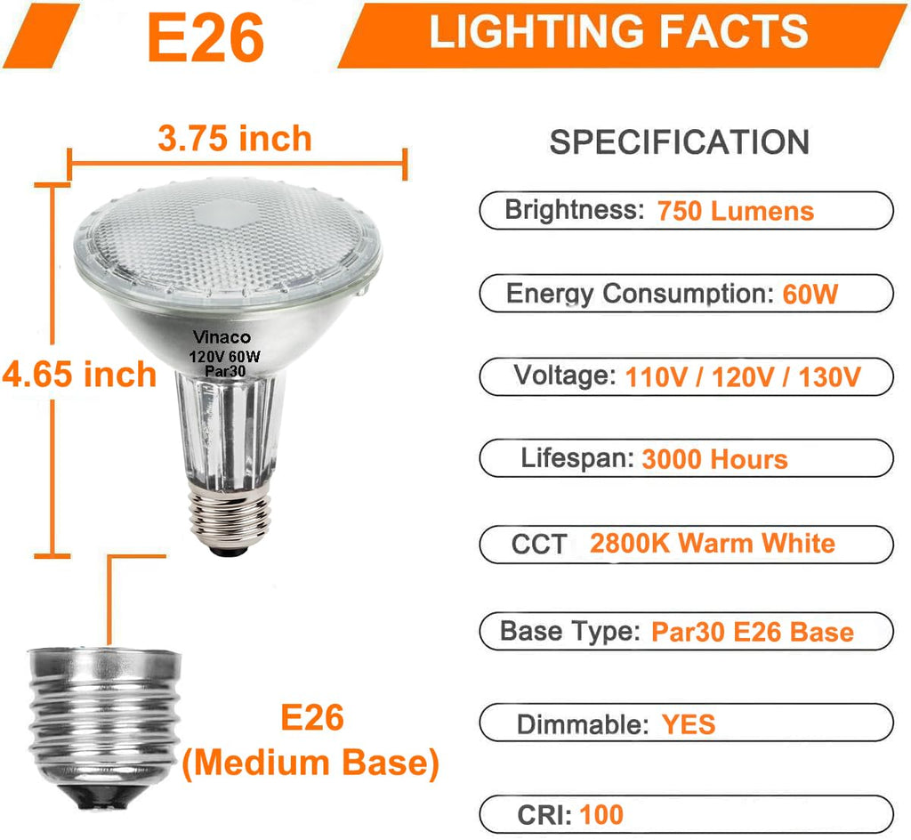 Vinaco PAR30 Long Neck 60W, 6 Pack Long Lasting PAR30 Halogen Flood Light Warm White 2800K, PAR30 Dimmable, High Output Flood Light Bulb 120V with E26 Base for Indoor/Outdoor
