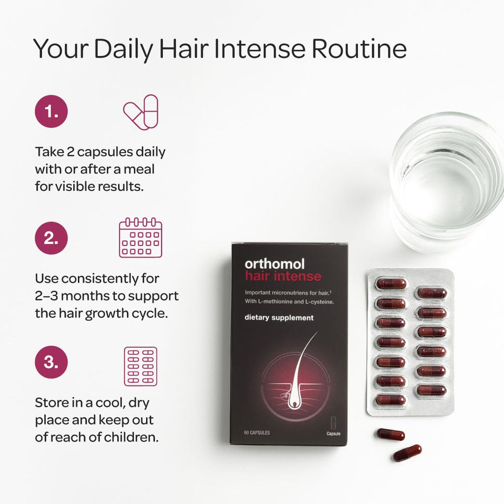 Orthomol Hair Intense, Micronutrients for Healthy Hair, Biotin, Vitamin B6, B12, Zinc, Selenium, Copper, Thiamin, L-methionine, L-cysteine, Pantothenic Acid, Capsules, 30-Day Supply