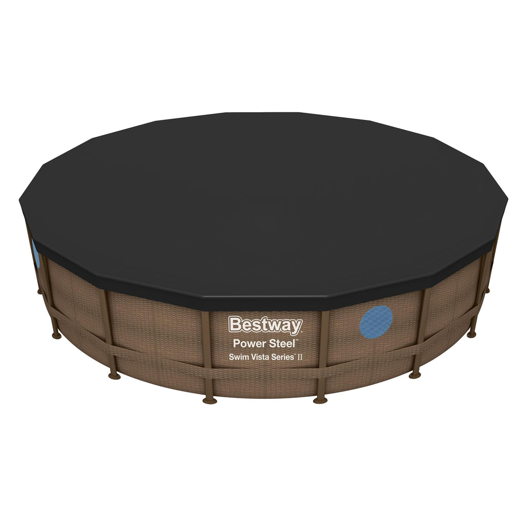 Bestway Round PVC 16 Foot Pool Cover for Above Ground Pro Frame Pools with Drain Holes and Secure Tie-Down Ropes, Black (Cover Only)