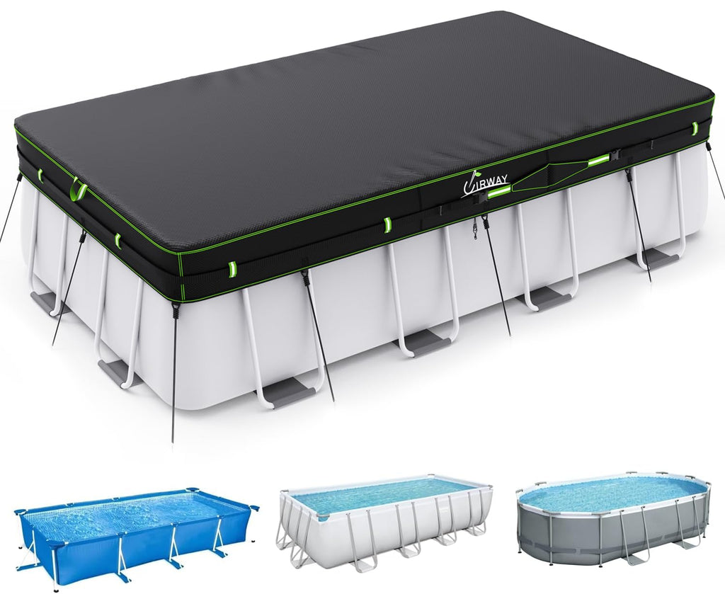 UIRWAY 9x18 FT Rectangular Pool Cover with Reflective Strips, Swimming Pool Cover for Above Ground Pool, Solar Cover Including Rope Tie and Luminous Ground Nails for Rectangular or Oval Pools