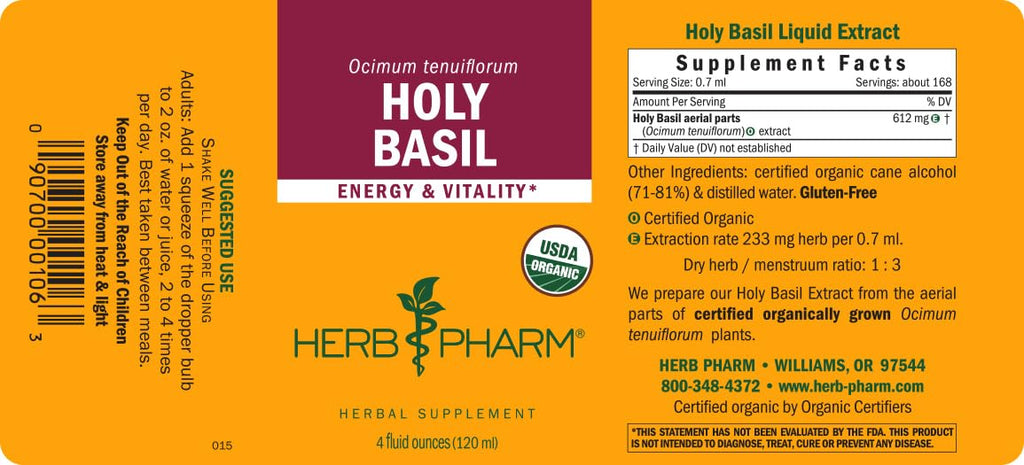 Herb Pharm Certified Organic Holy (Tulsi) Liquid Extract for Energy and Vitality Basil, 4 Fl Oz