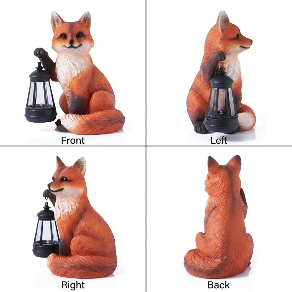 Solar Fox Garden Statue with Lantern, Woodland Fox Outdoor Decor, 9 inch