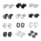 LEBOCADO 12 Pairs Earrings for Men, Stainless Steel Black Stud Earrings Hoop Earrings Set for Women, Black and Sliver Ear Studs (12 Pairs Set)