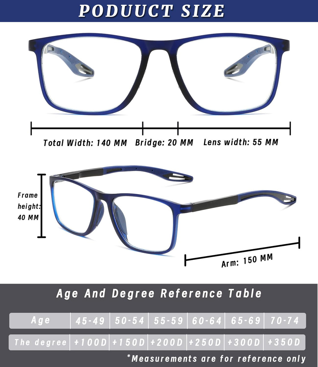 Hubeye Photochromic Reading Glasses for Men and Women TR90 Sport Reader Anti Glare UV Ray Filter （Matte black+Matte blue+Transparent，+2.5