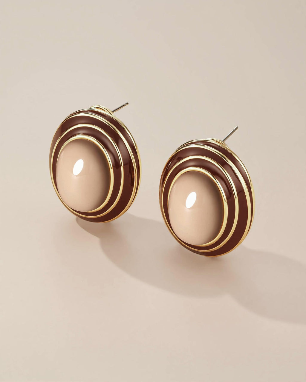 Large Chunky Brown Beige Tan 18K gold plated Round Oval Button Stud Enamel Statement Earrings for Women by SNGIA, Big Brown Bold Handmade Exaggerated Dome Retro Rounded Button Ball Trendy Bohemian Jewelry Gifts, Unique Baroque Vintage Summer Beach Fashion