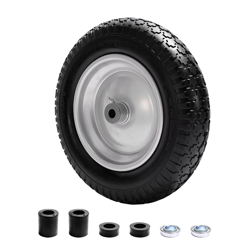 Sutmorly 4.80/4.00-8 Tire, 14.5" Flat Free Wheelbarrow Tire and Wheel, 5/8" 3/4" Bearings Solid Replacement Tires, 3" -7" Centered Hub, Universal Fit 3.50/3.00-8, 4.00-6 Trolley Dolly Go Kar, 2 Pack
